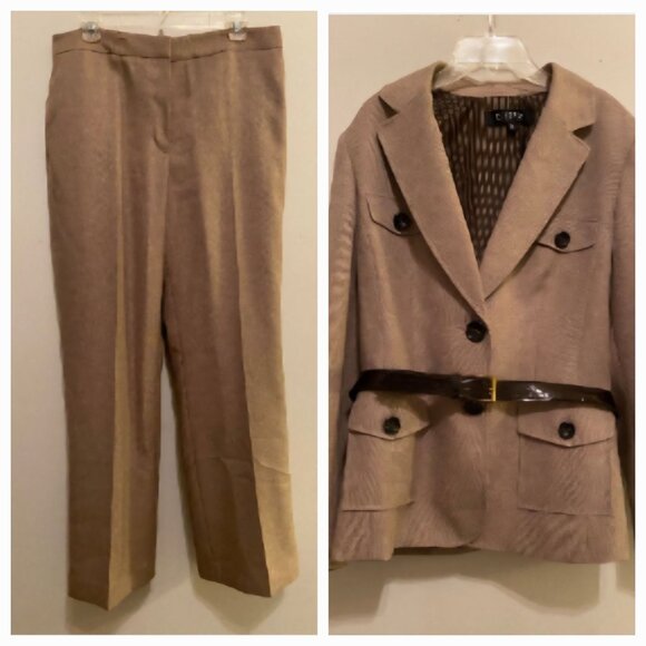 Kasper Brown Pant Suit Set Blazer w/ Belt & Trousers Size 12 - Picture 1 of 16